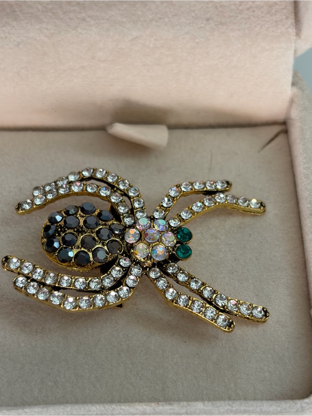 4/$100 Crystal Spider Brooch Pin – Gold Tone with Clear, Black & Green Stones